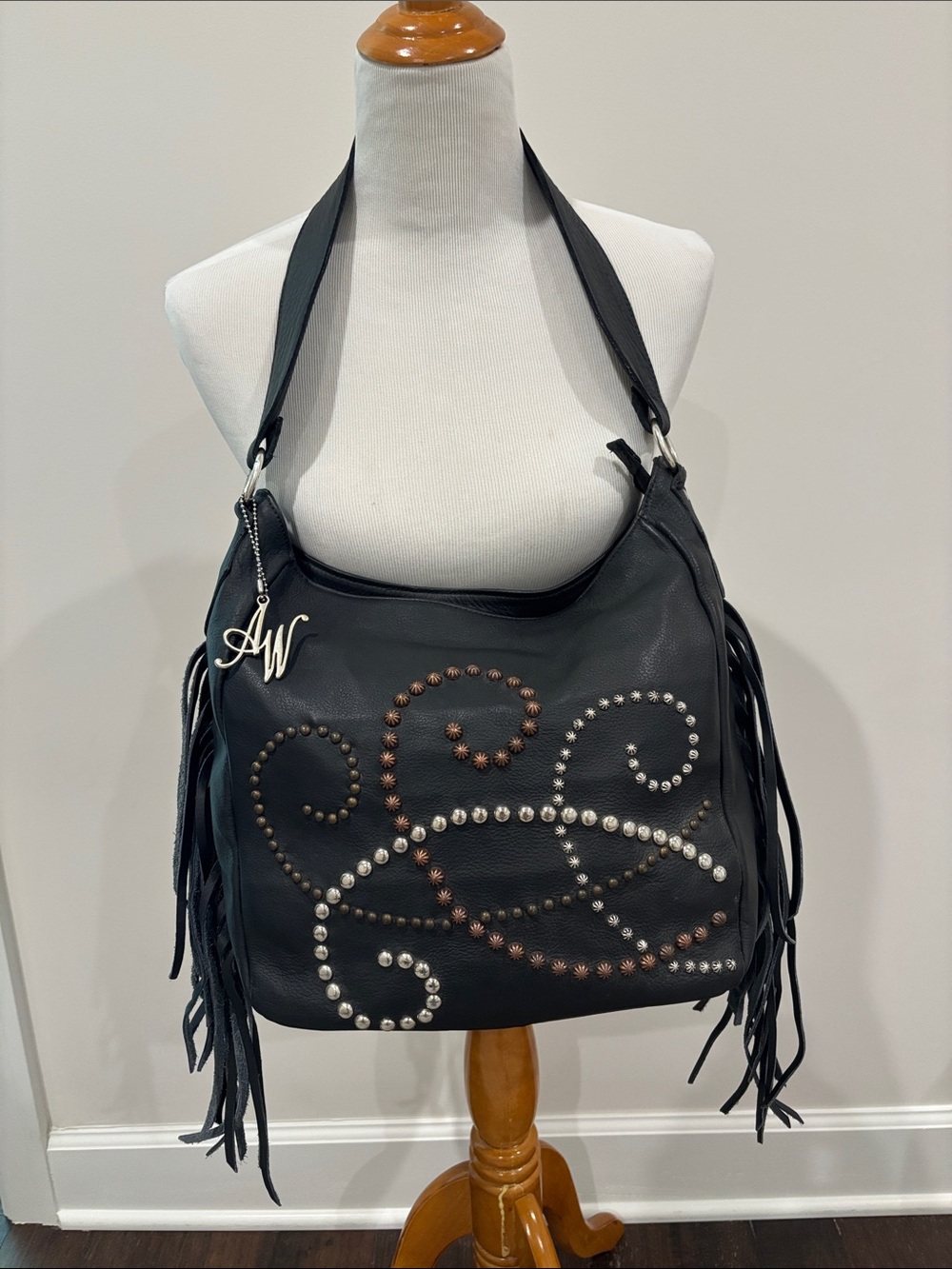 American West Black Leather Hobo with Mixed Metal Stud Swirl & Fringe